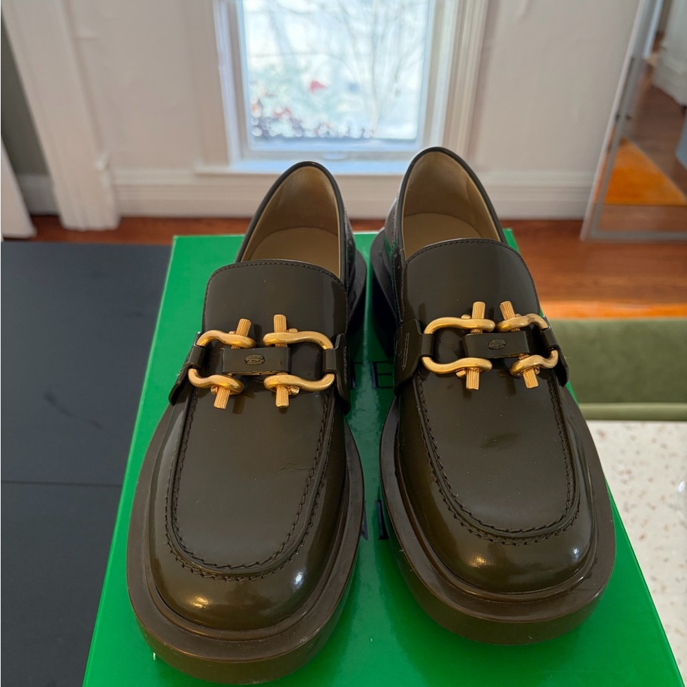 Bottega Veneta Olive Green Loafers with Gold Accents - Picture 2 of 7